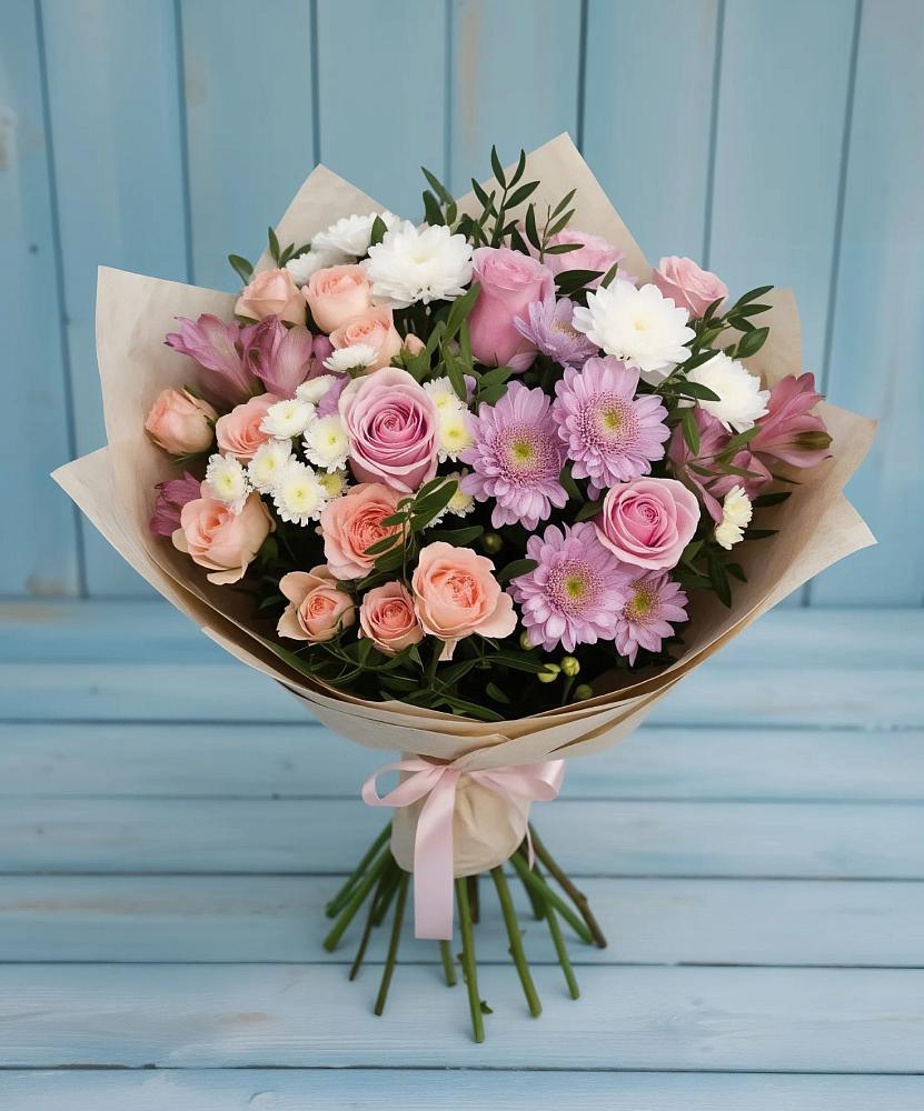 Букет цветов из: Хризантемы, Розы и Альстромерии в Новобелокатай