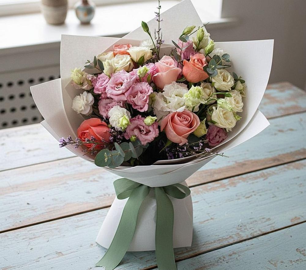 Букет цветов из: Розы, Лизиантусы и Гвоздики в Новобелокатай