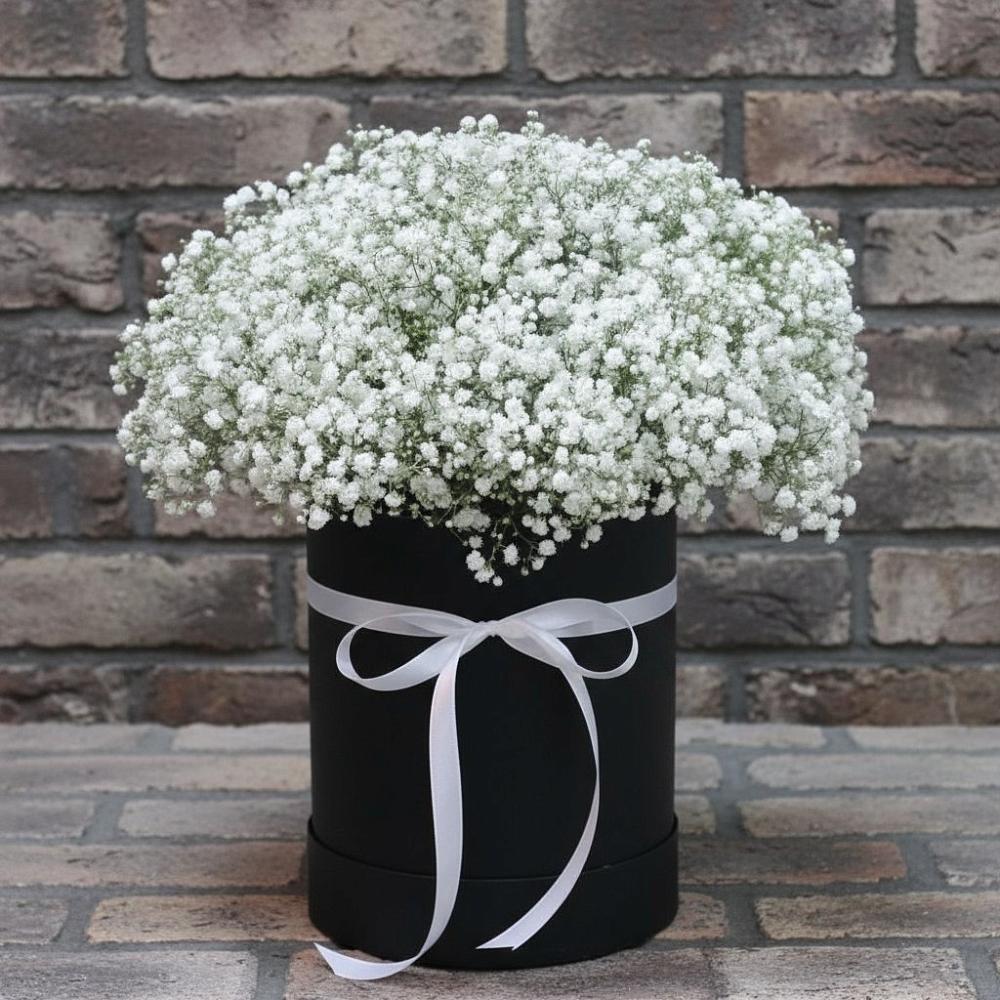 Цветочная композиция из Гипсофила в шляпной коробке в Новобелокатай