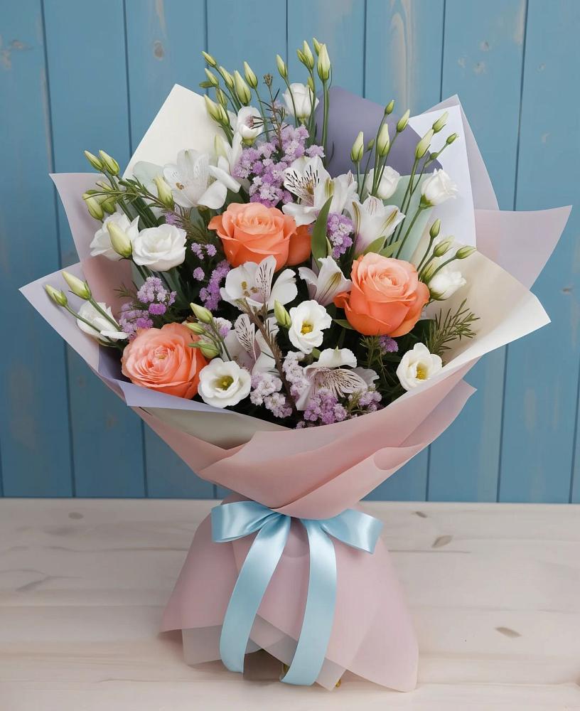 Букет цветов из: Лизиантусы, Розы, Альстромерии и Гипсофила в Новобелокатай