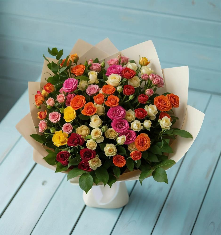 Букет Микс из разноцветных кустовых роз в Новобелокатай