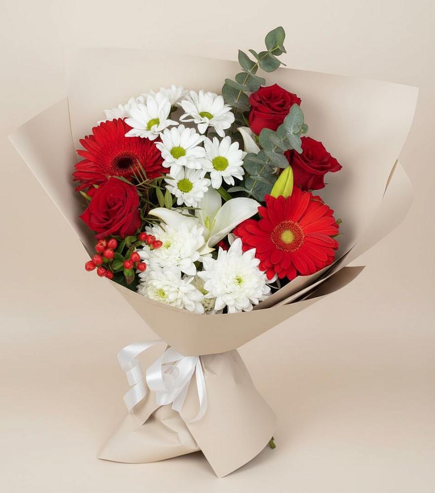 Букет цветов из: Розы, Хризантемы, Герберы и Лилии в Новобелокатай