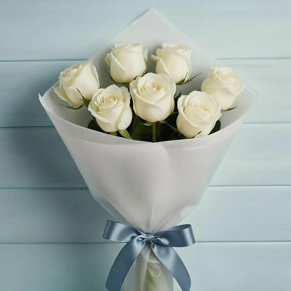 Букет 7 Белых роз Эдлесс Лав в Новобелокатай