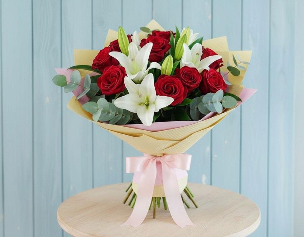 Букет цветов из: Лилии и Розы в Новобелокатай