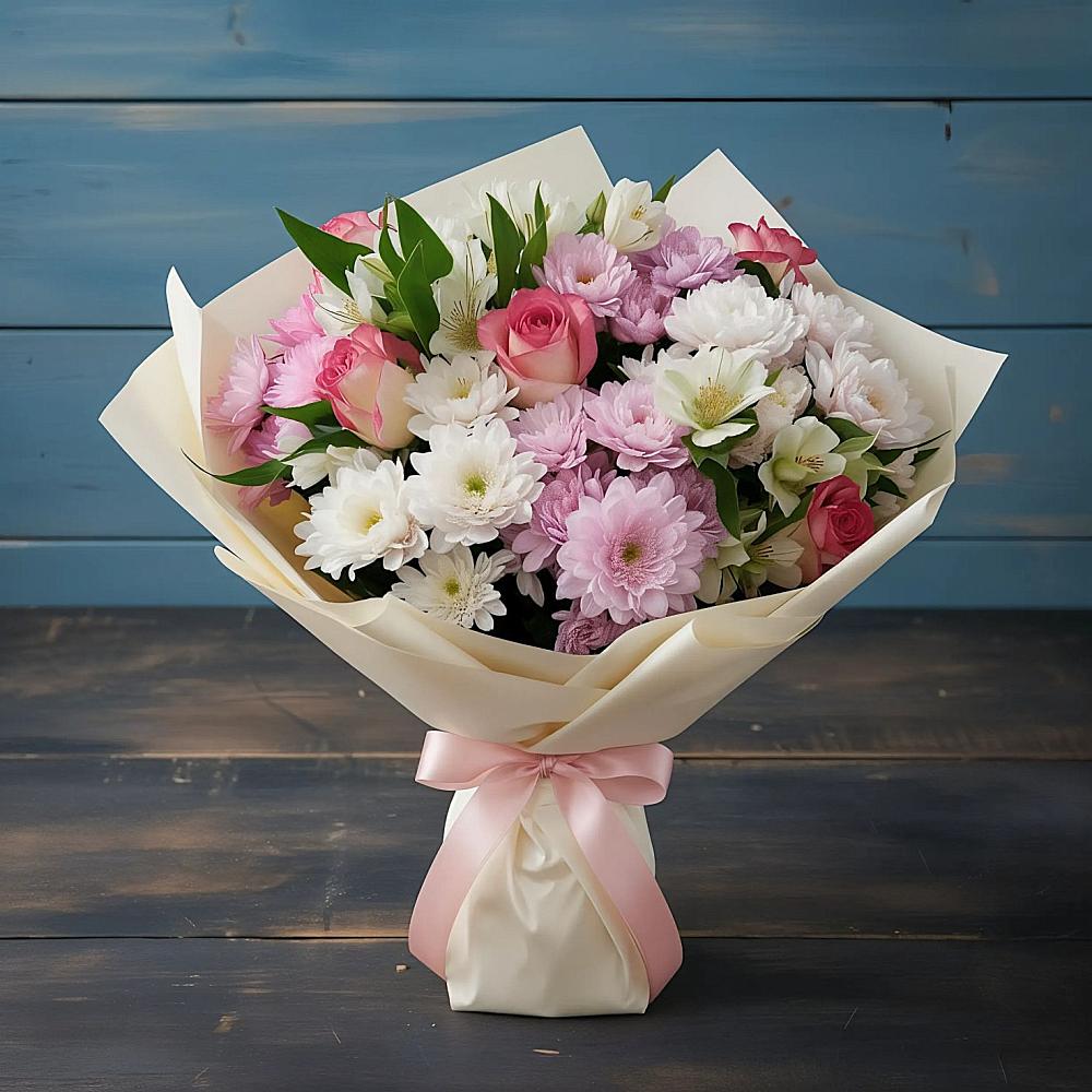 Букет цветов из: Хризантемы, Альстромерии и Розы в Новобелокатай